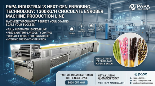 Jüngste Firmenblogs über Papa Industrial Launches High-Capacity 1300kg/h Double Coating Chocolate Enrober Machine Line